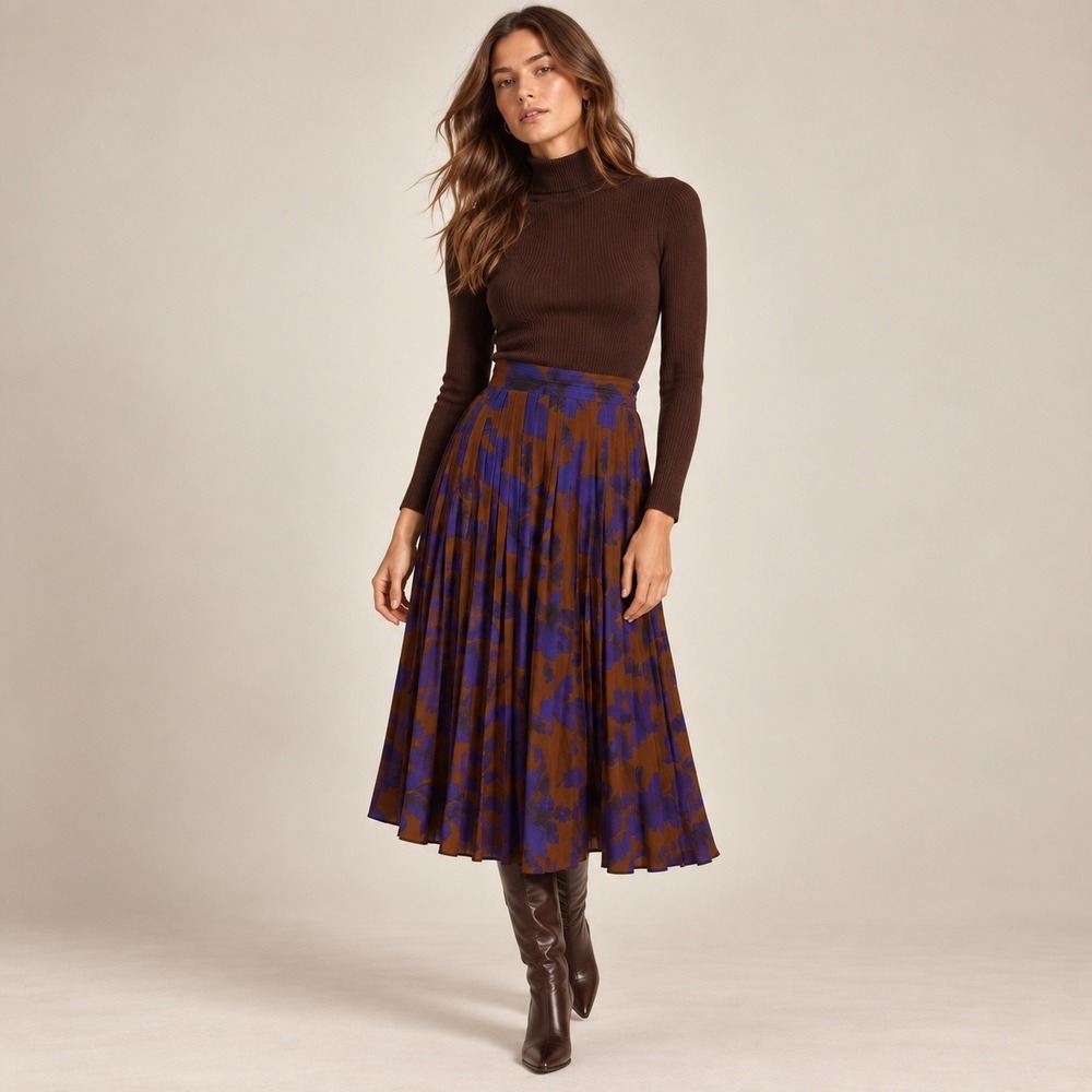 Vintage Pleated Skirt Womens 8 Brown Purple Silk Made in Italy Midi Old Money